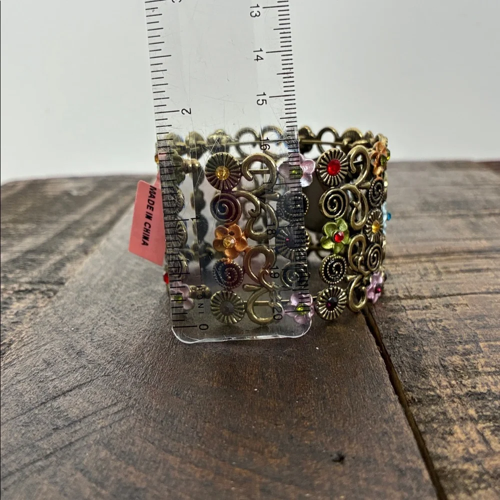 NWT Strada Gold-Toned Floral Metalwork Bracelet Watch Wide Band Stretch Flower